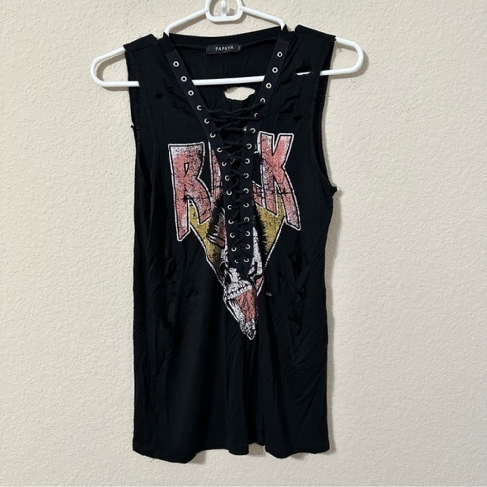 Papaya Tank Top Rock T-Shirt Distressed Lace Up Shirt Metal Concert Retro